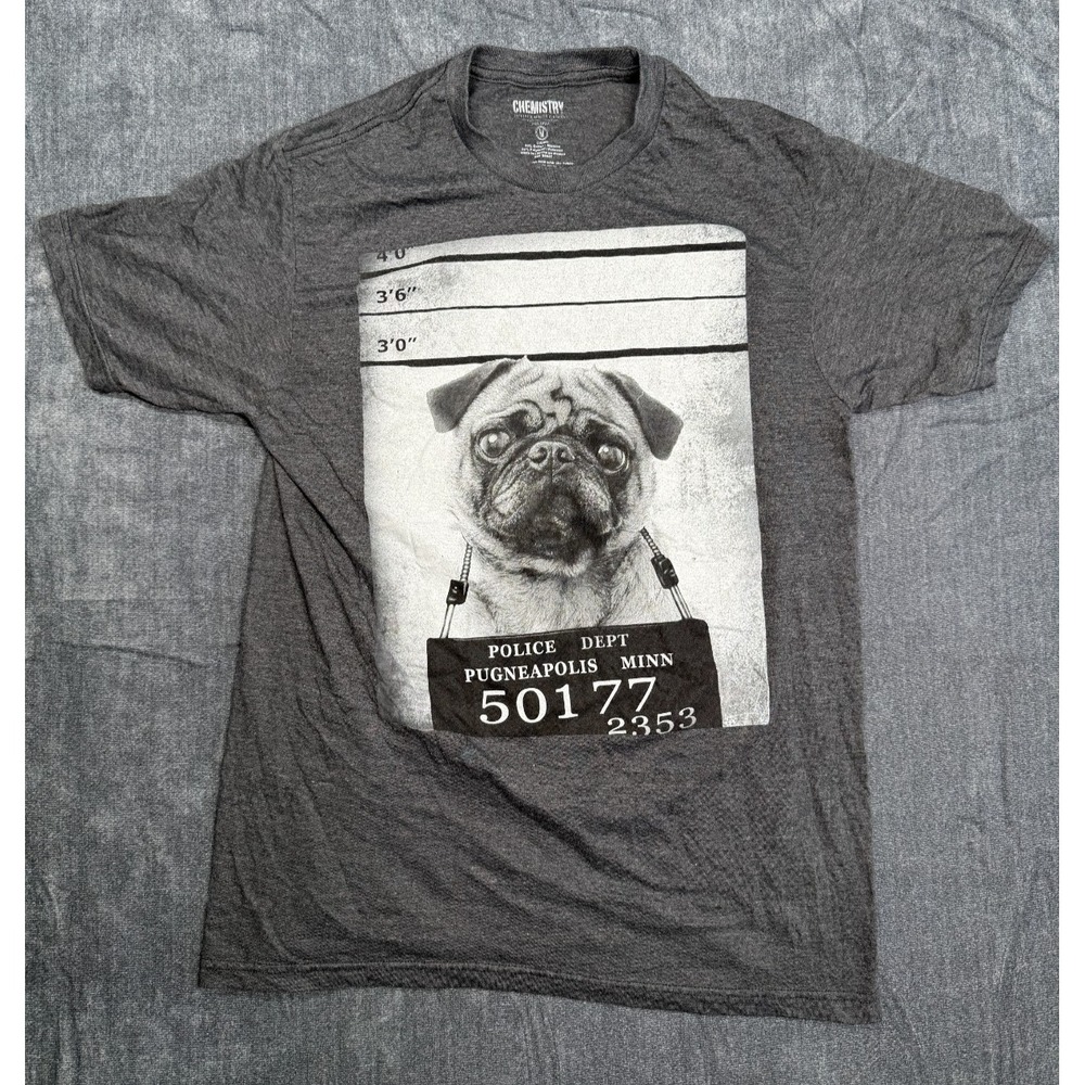 Chemistry Pug Mugshot Graphic T Shirt Mens Medium Gray Funny Dog Pugneapolis Tee